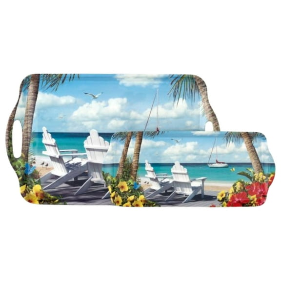 Pimpernel In The Sunshine Trays, Set of 2 - Featuring Icionic Adirondack Chair, Melamine Serving Trays with Handles - Ideal for Drinks, Snacks & Outdoor Dining - 19"x11.6" & 15"x6.5", Dishwasher Safe