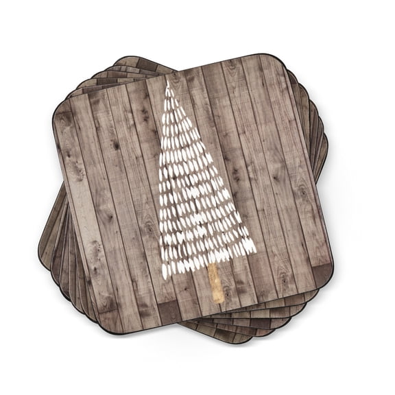 Pimpernel Wooden White Christmas Coasters - Set of 6, Brown/White