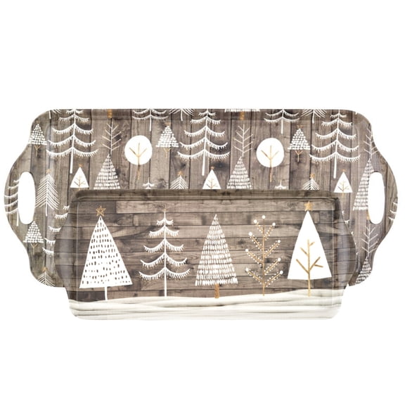 Pimpernel Wooden White Christmas Trays, Set of 2 - Rectangular Melamine Serving Trays with Holiday Tree Design, Decorative Kitchen & Dining Platters - 15" x 6.5" & 19" x 11.6", Dishwasher Safe