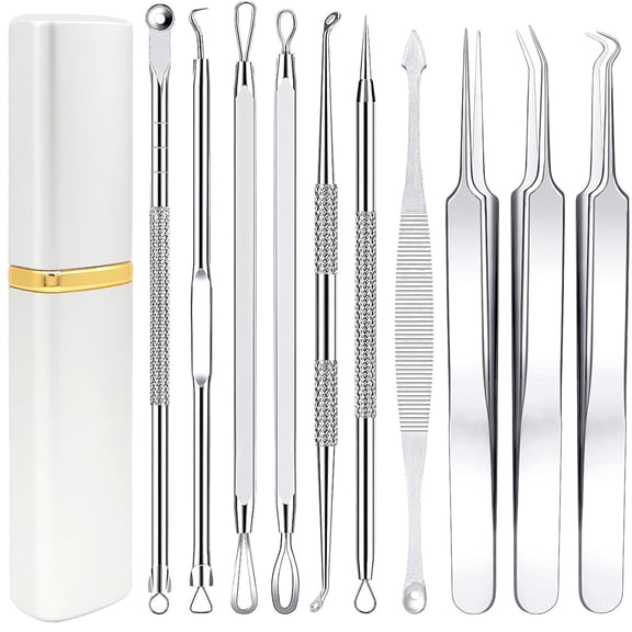 Pimple Popper Tool Kit - 10 Pcs Blackhead Remover Comedone Extractor Kit with Box for Quick and Easy Removal of Pimples, Blackheads, Zit Removing, Forehead,Facial and Nose (Black)