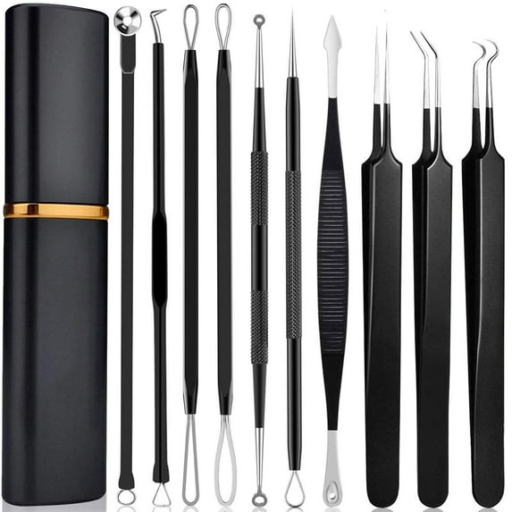 Pimple Popper Tool Kit - 10 Pcs Blackhead Remover Comedone Extractor Kit with Metal Case for Quick and Easy Removal of Pimples, Blackheads, Zit Removing, Forehead,Facial and Nose(Black)