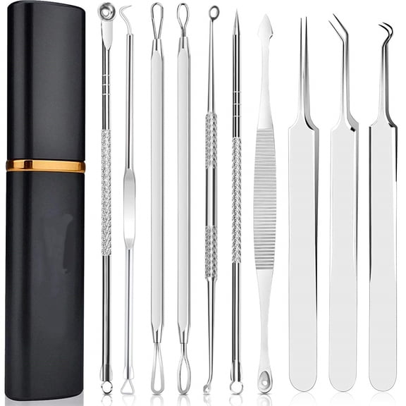 Pimple Popper Tool Kit - 10 Pcs Blackhead Remover Comedone Extractor Kit with Metal Case for Quick and Easy Removal of Pimples,Blackheads,Zit Removing,Forehead,Facial and Nose(Silver)