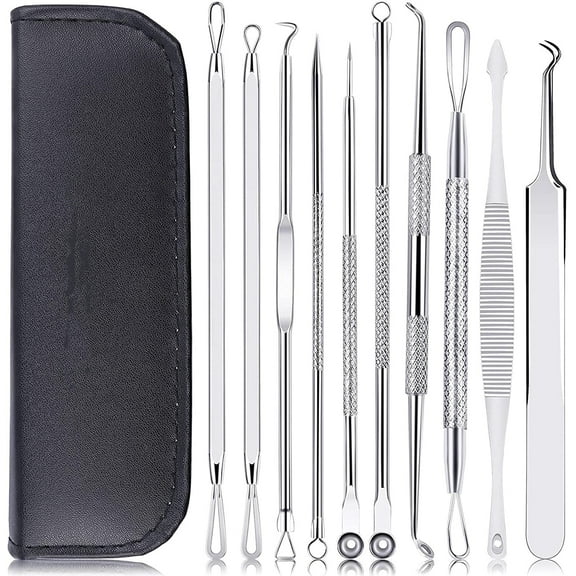 Pimple Popper Tool Kit,10 Pieces Blackhead Pimple Popper Tools for Acne,Acne Remover Acne Tool for Nasal Face,Leather Pouch