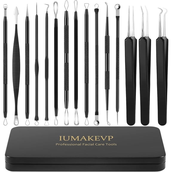 Pimple Popper Tool Kit, 15 PCS Professional Stainless Steel Blackhead Remover Comedone Extractor Tools for Removing Pimples, Blackheads, Zit on Face - Acne Removal Kit with Metal Case (Black)