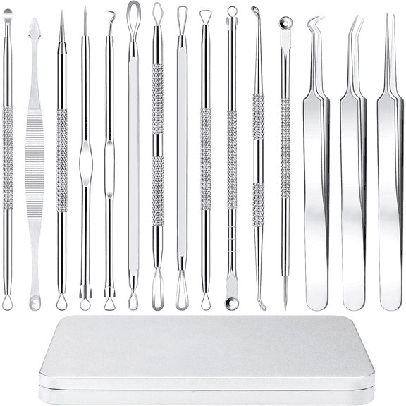 Pimple Popper Tool Kit - 15 Pcs Blackhead Remover Comedone Extractor Kit with Box for Quick and Easy Removal of Pimples, Blackheads, Zit Removing, Forehead,Facial and Nose (Silver)