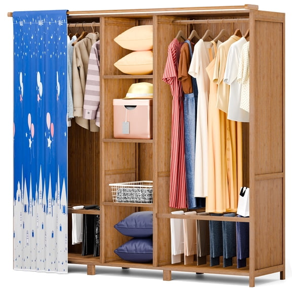 Pimsoran Freestanding Bamboo Wardrobe Closet - Portable Clothing Rack with 2 Hanging Rods & 6 Open Shelves, Dust‑Proof Cover, for Bedroom, Living Room, Cloakroom (Wood)