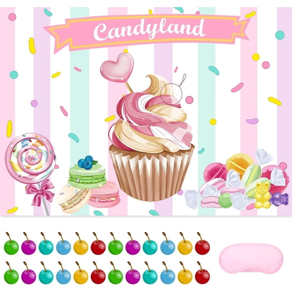 Pin the Cherry on the Cupcake - Candyland Party Games for Kids Girls 20" x 28" Candy Land Game Poster with 24 Reusable Stickers Candy Birthday Party Favor Sets