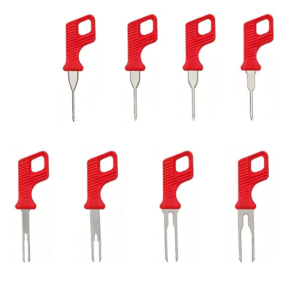 Pin Extractor Tool Set for Automotive Terminal Service with Metal Tips and Red Handles for Tight Connector Access Work