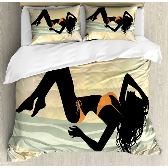 Pin up Girl Queen Size Duvet Cover Set, Long Curly Haired Young Lady with Bikini Posing Figure, Decorative 3 Piece Bedding Set with 2 Pillow Shams, Pale Orange Blue Grey and Black, by Ambesonne