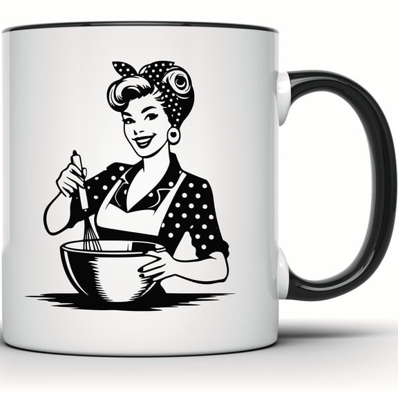 Pin Up Girl Retro Kitchen Mug - 1950s Housewife Vintage Baker Gift - Cute Baking Cook Mug - 11 Ounce Black Rim Handle Novelty Coffee Cup - WMUG1864-BLK