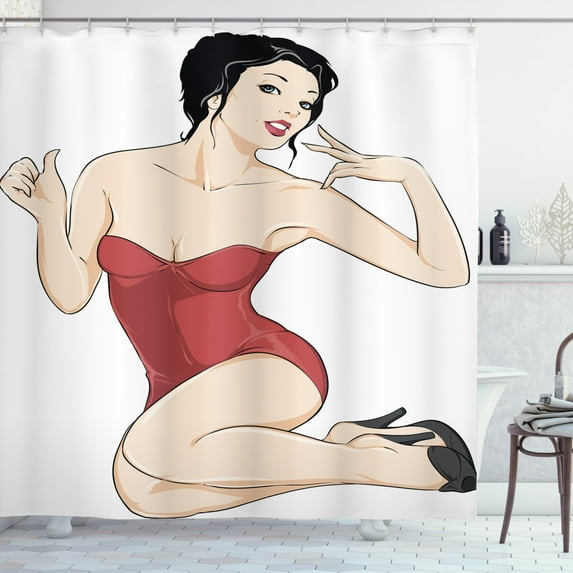 Pin up Girl Shower Curtain, Figure of Pale Skin Posing Brunette Lady in Strapless Bathing Suits, Fabric Bathroom Set with Hooks, 69W X 75L Inches Long, Beige Ruby and Black, by Ambesonne