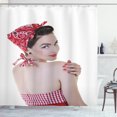 thumbnail image 1 of Pin up Girl Shower Curtain, A Young Lady Wearing Gingham Patterned Halter-Neck Bikini Top and a Bandana, Fabric Bathroom Set with Hooks, 69W X 84L Inches Extra Long, Multicolor, by Ambesonne, 1 of 3