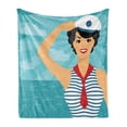 thumbnail image 1 of Pin up Girl Soft Flannel Fleece Blanket, Cheerful Sailor Girl Wearing Nautical Captain Cap and Striped Shirt, Cozy Plush for Indoor and Outdoor Use, 60" x 80", Peach Blue and Scarlet, by Ambesonne, 1 of 5