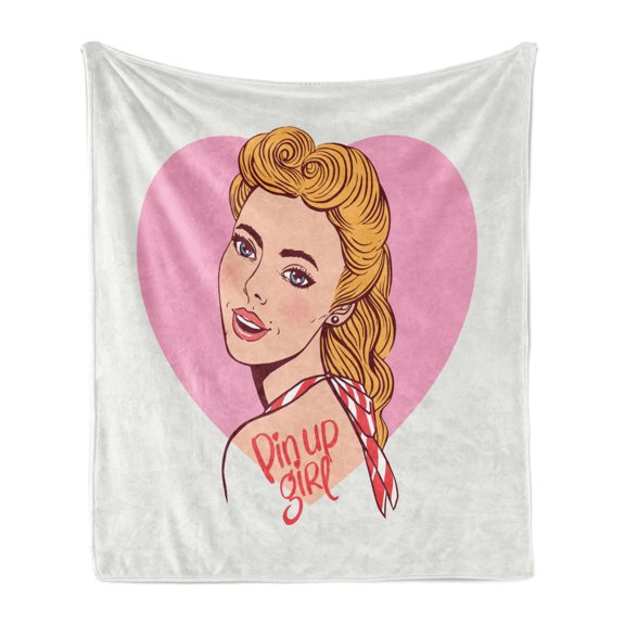 Pin up Girl Soft Flannel Fleece Blanket, Hand-Drawn Effect Smiling Blonde Girl in Vintage Pin up Style on Heart Backdrop, Cozy Plush for Indoor and Outdoor Use, 70" x 90", Multicolor, by Ambesonne