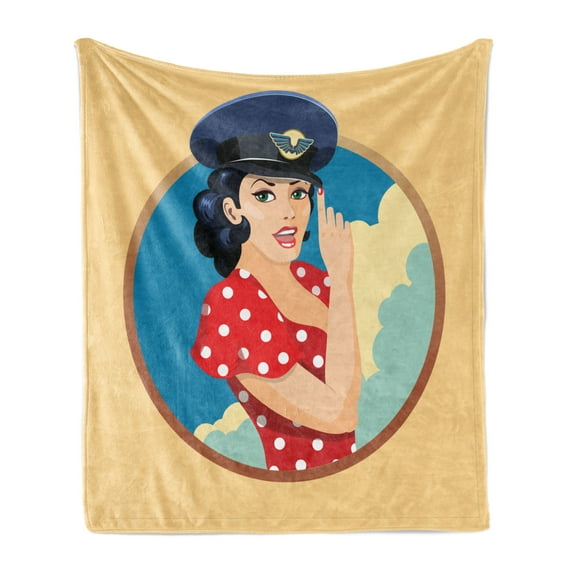 Pin up Girl Soft Flannel Fleece Blanket, Hand Drawn Illustration of a Curly Brunette Woman Wearing a Pilot Captain Hat, Cozy Plush for Indoor and Outdoor Use, 50" x 60", Multicolor, by Ambesonne