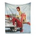 thumbnail image 1 of Pin up Girl Soft Flannel Fleece Blanket, Retro Girl with Polka Dot Patterned Midi Skirt Fixing Classic Red American Car, Cozy Plush for Indoor and Outdoor Use, 70" x 90", Multicolor, by Ambesonne, 1 of 6