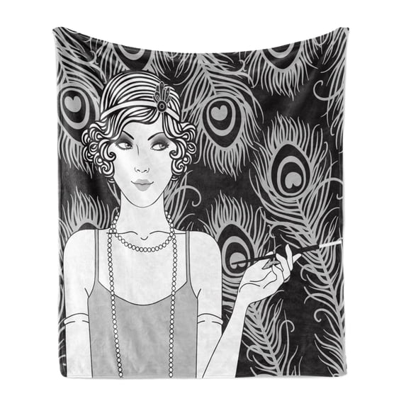 Pin up Girl Soft Flannel Fleece Blanket, Retro Style Party Concept and a Teenage Short Haired Teenage Girl, Cozy Plush for Indoor and Outdoor Use, 60" x 80", Grey Pale Grey and Black, by Ambesonne