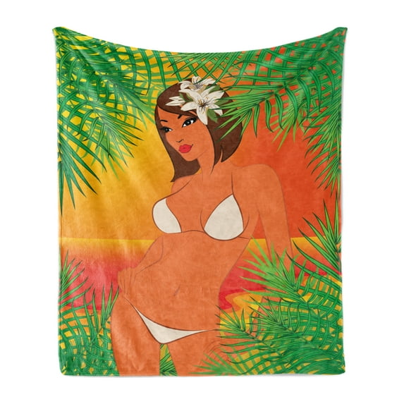 Pin up Girl Soft Flannel Fleece Blanket, Sunset Scene in Tropical Island Girl in White Bikini with a Lilly on Her Hair, Cozy Plush for Indoor and Outdoor Use, 50" x 70", Multicolor, by Ambesonne