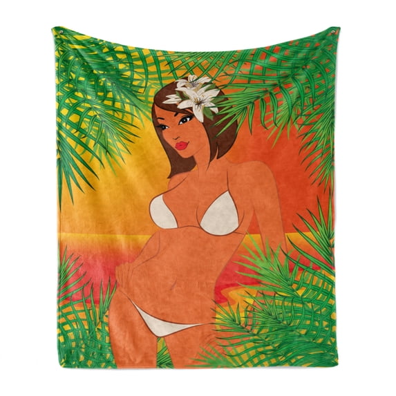 Pin up Girl Soft Flannel Fleece Blanket, Sunset Scene in Tropical Island Girl in White Bikini with a Lilly on Her Hair, Cozy Plush for Indoor and Outdoor Use, 70" x 90", Multicolor, by Ambesonne