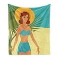 thumbnail image 1 of Pin up Girl Soft Flannel Fleece Throw Blanket, 1950s Style Woman Wearing Strapless Blue Bikini and a Hat in an Exotic Beach, Cozy Plush for Indoor and Outdoor Use, 70" x 90", Multicolor, by Ambesonne, 1 of 5