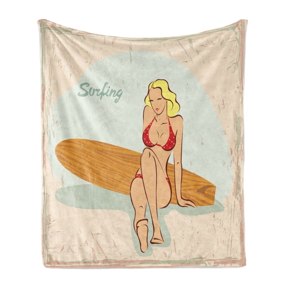 Pin up Girl Soft Flannel Fleece Throw Blanket, Blonde Girl in PolkDotted Red Bikinind Sitting on Wooden Surfboard, Cozy Plush for Indoor and Outdoor Use, 50" x 60", Multicolor, by Ambesonne