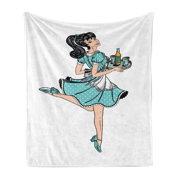 Pin up Girl Soft Flannel Fleece Throw Blanket, Pony Tail Haired Waitress in Polka Dot Dress Brings Beer Orders, Cozy Plush for Indoor and Outdoor Use, 50" x 70", Seafoam and Pale Peach, by Ambesonne