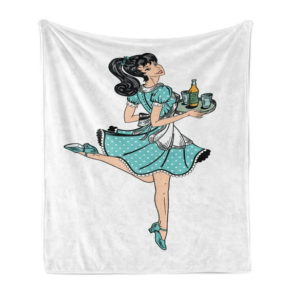 Pin up Girl Soft Flannel Fleece Throw Blanket, Pony Tail Haired Waitress in Polka Dot Dress Brings Beer Orders, Cozy Plush for Indoor and Outdoor Use, 60" x 80", Seafoam and Pale Peach, by Ambesonne