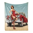 thumbnail image 1 of Pin up Girl Soft Flannel Fleece Throw Blanket, Short Dutch Haircut Style Brunette Lady Standing in Front of a Brand New Car, Cozy Plush for Indoor and Outdoor Use, 50" x 70", Multicolor, by Ambesonne, 1 of 5