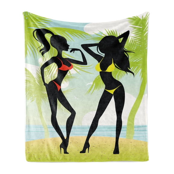 Pin up Girl Soft Flannel Fleece Throw Blanket, Silhouette of 2 Girls at the Beach with Bikini in Tropical Island Palm Trees, Cozy Plush for Indoor and Outdoor Use, 60" x 80", Multicolor, by Ambesonne