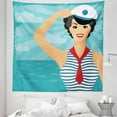 thumbnail image 1 of Pin up Girl Tapestry, Cheerful Sailor Girl Wearing Nautical Captain Cap and Striped Shirt, Fabric Wall Hanging Decor for Bedroom Living Room Dorm, 5 Sizes, Peach Blue and Scarlet, by Ambesonne, 1 of 1