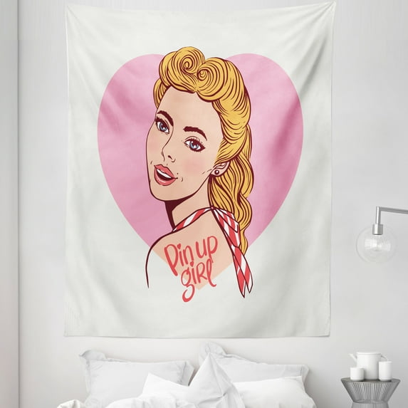 Pin up Girl Tapestry, Hand-Drawn Effect Smiling Blonde Girl in Vintage Pin up Style on Heart Backdrop, Fabric Wall Hanging Decor for Bedroom Living Room Dorm, 5 Sizes, Multicolor, by Ambesonne