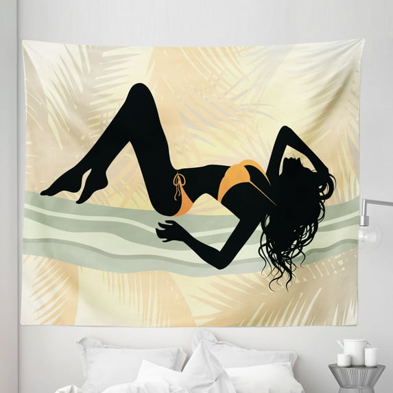Pin up Girl Tapestry, Long Curly Haired Young Lady with Bikini Posing, Fabric Wall Hanging Decor for Bedroom Living Room Dorm, 5 Sizes, Pale Orange Blue Grey, by Ambesonne