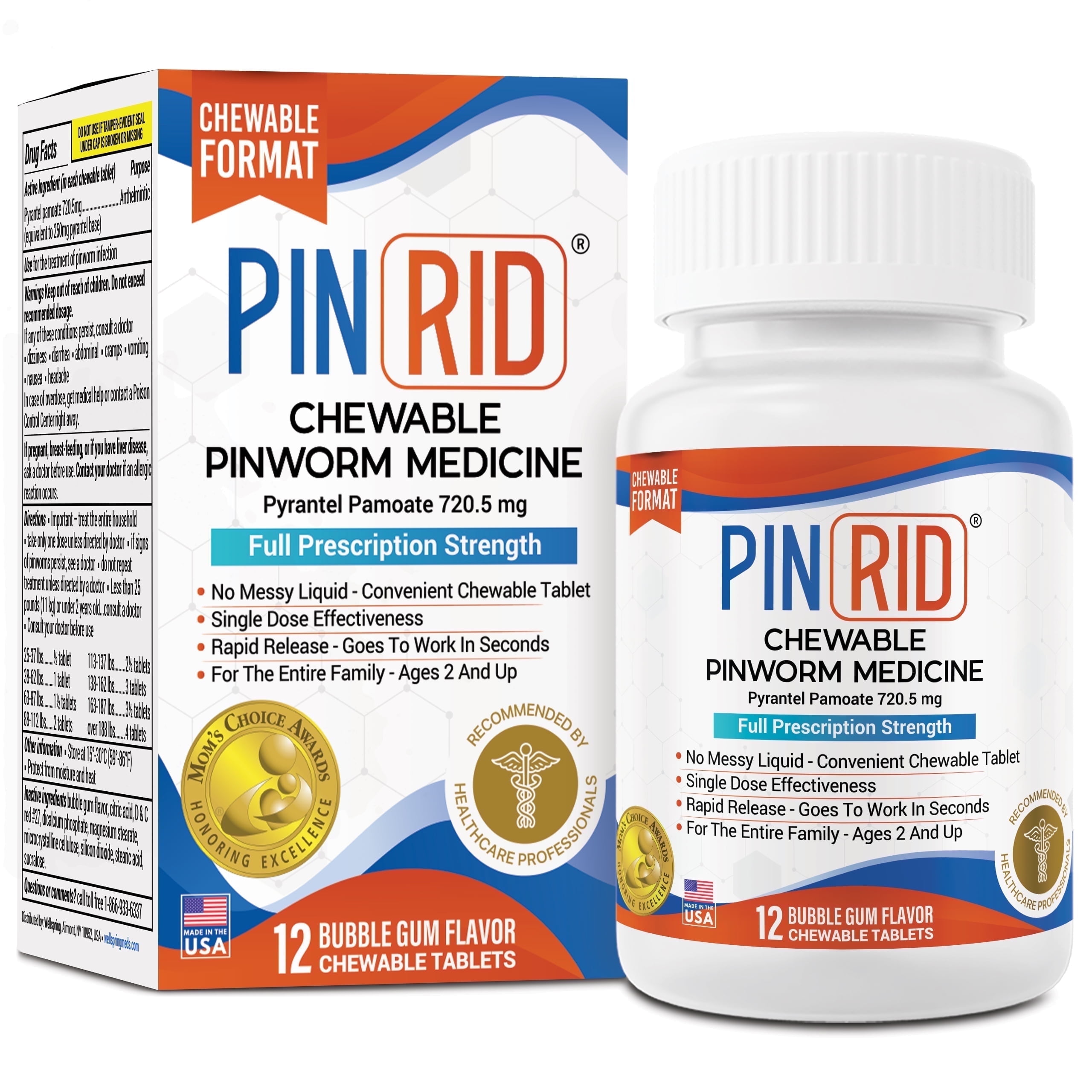 Pin-Rid | Pinworm Treatment | Pyrantel Pamoate 250 mg 12 Chewable Tablets | Family Size