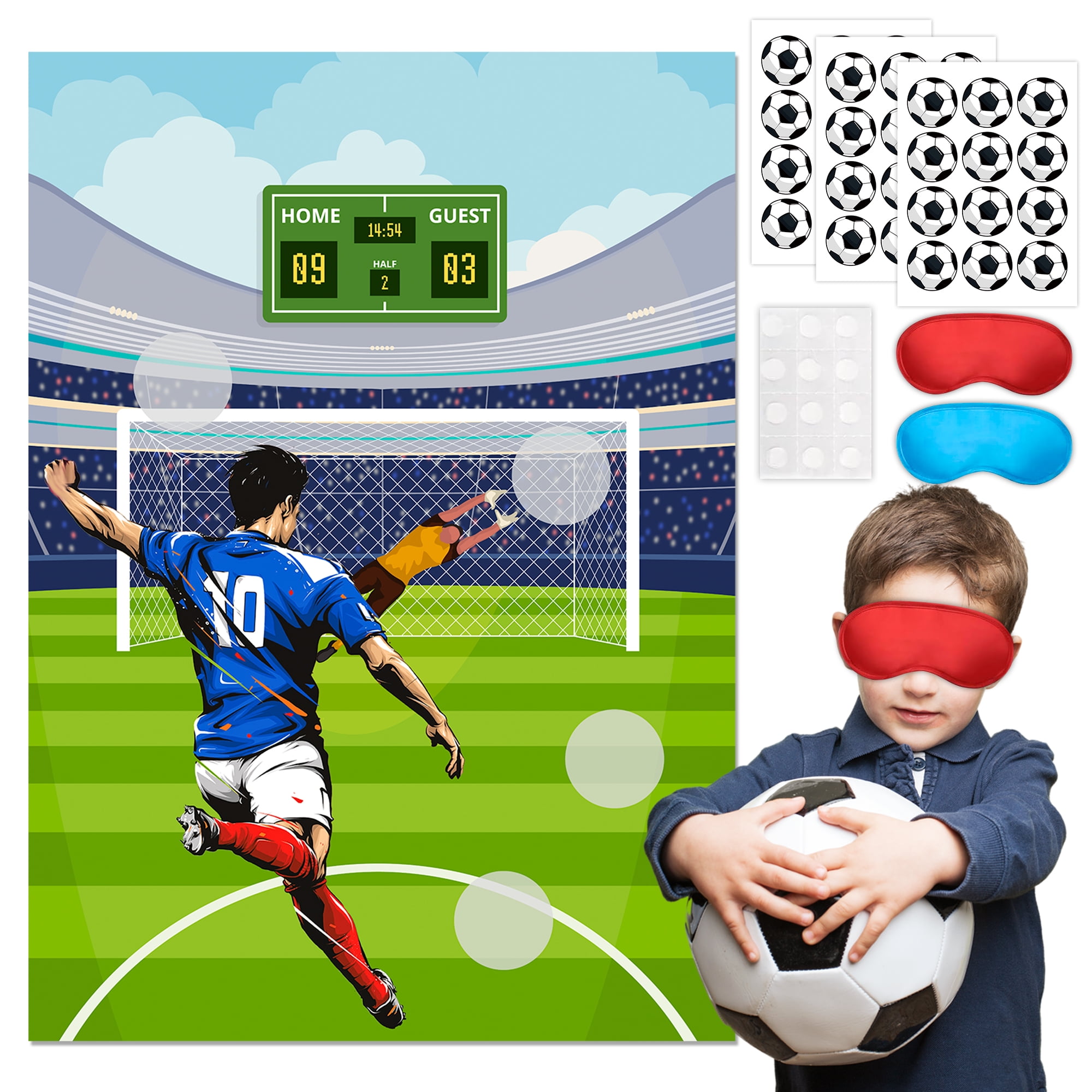 Pin The Soccer on The Goal Kids Party Games, 7 Pcs Soccer Birthday Party Games Supplies - Green Games Poster, Stickers Blindfold etc Party Decorations