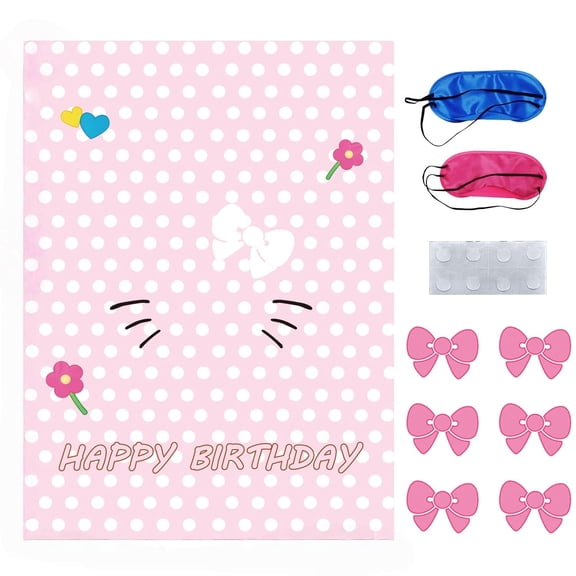 Pin The Bow Party Game - Pink Cat Themed Birthday Games with 24 Bows, 2 Blindfolds for Girls Party Supplies