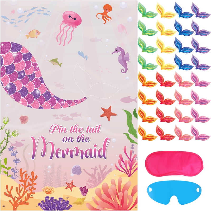 Pin The Tail on The Mermaid Game With 40 Pcs Tails Large Pink Mermaid ...