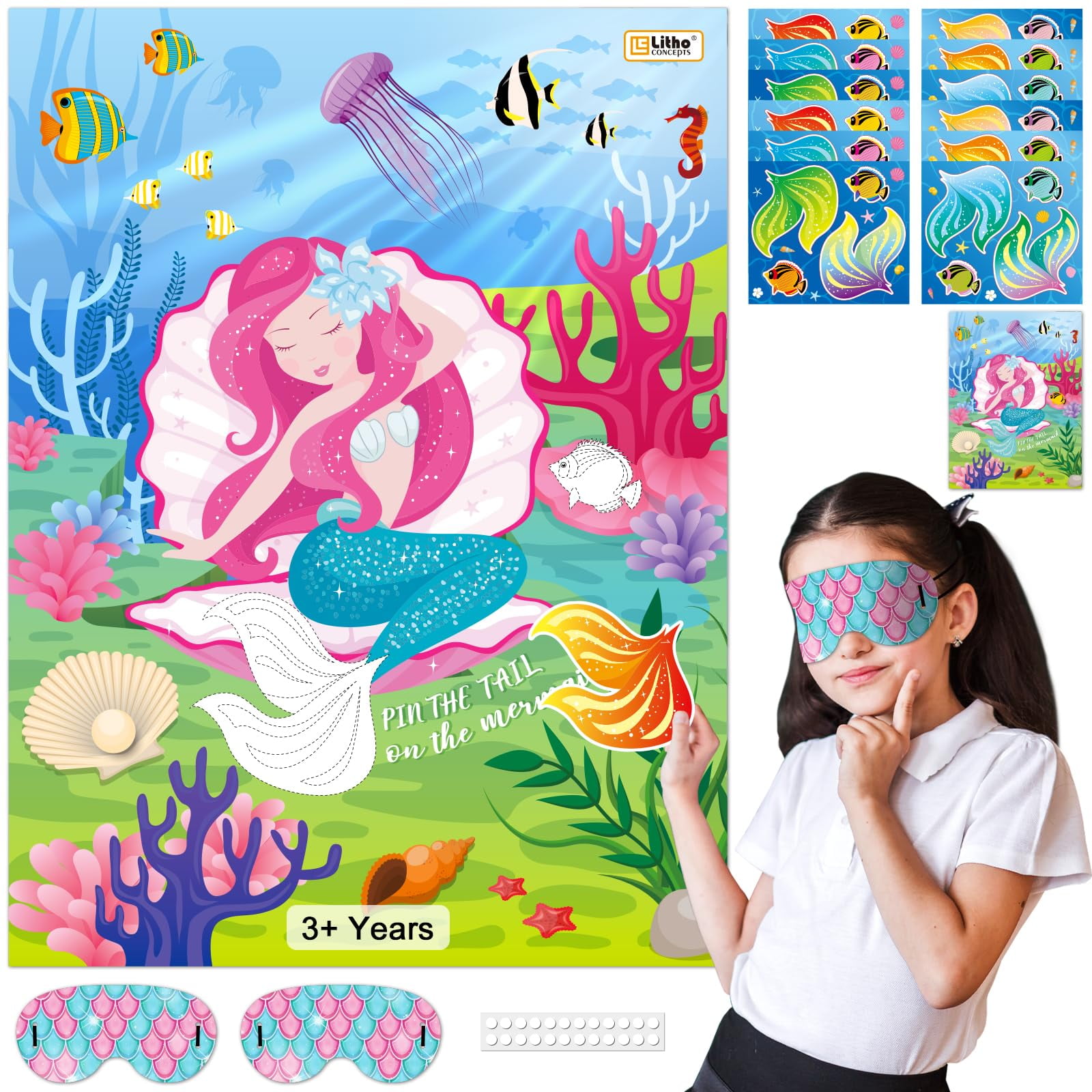 Pin The Tail on The Mermaid Party Game - 24 Tail & Fish Stickers, 21 x ...