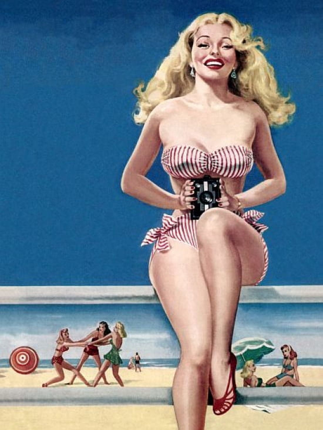 Pin Up Art Blonde In Striped Bikini At The Canvas Art - (18 x 24)