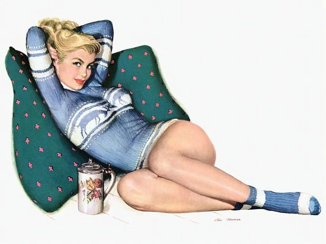 Pin Up Art Blonde In Tight Sweater On Pillow Canvas Art - (36 x 54)