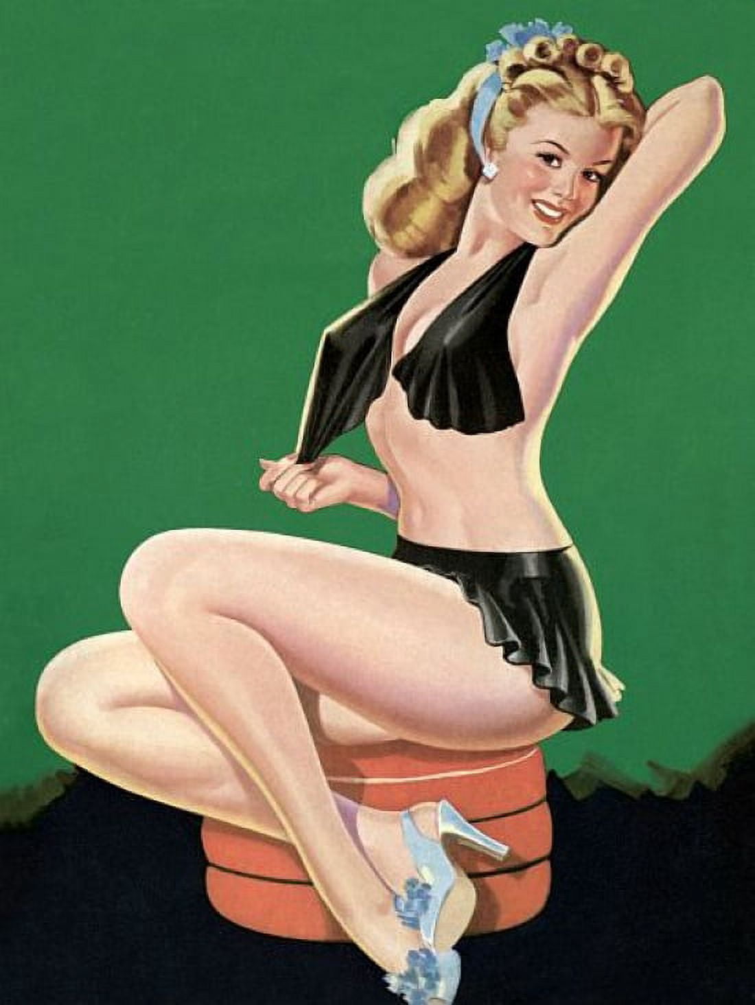Pin Up Art Blonde On Settee With Black Canvas Art - (36 x 54)
