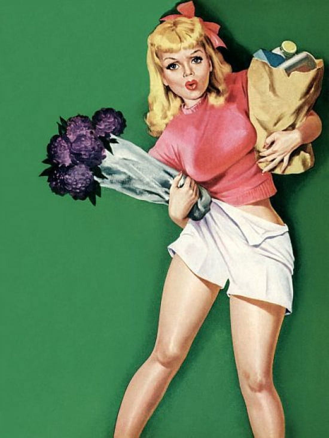 Pin Up Art Blonde Pinup With Bouquet Of Canvas Art - (24 x 36)