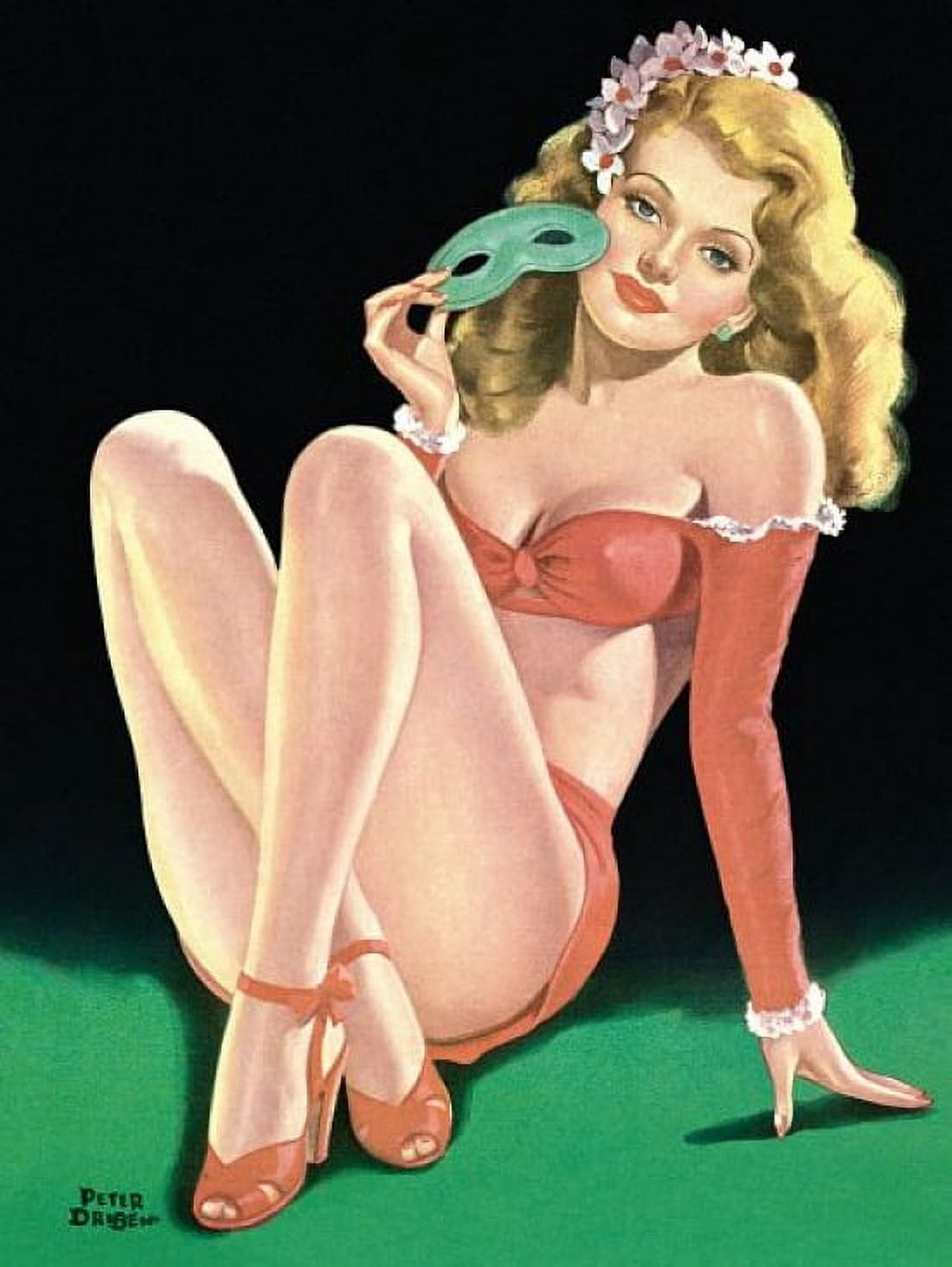 Pin Up Art Blonde With A Mask Canvas Art - (36 x 54)