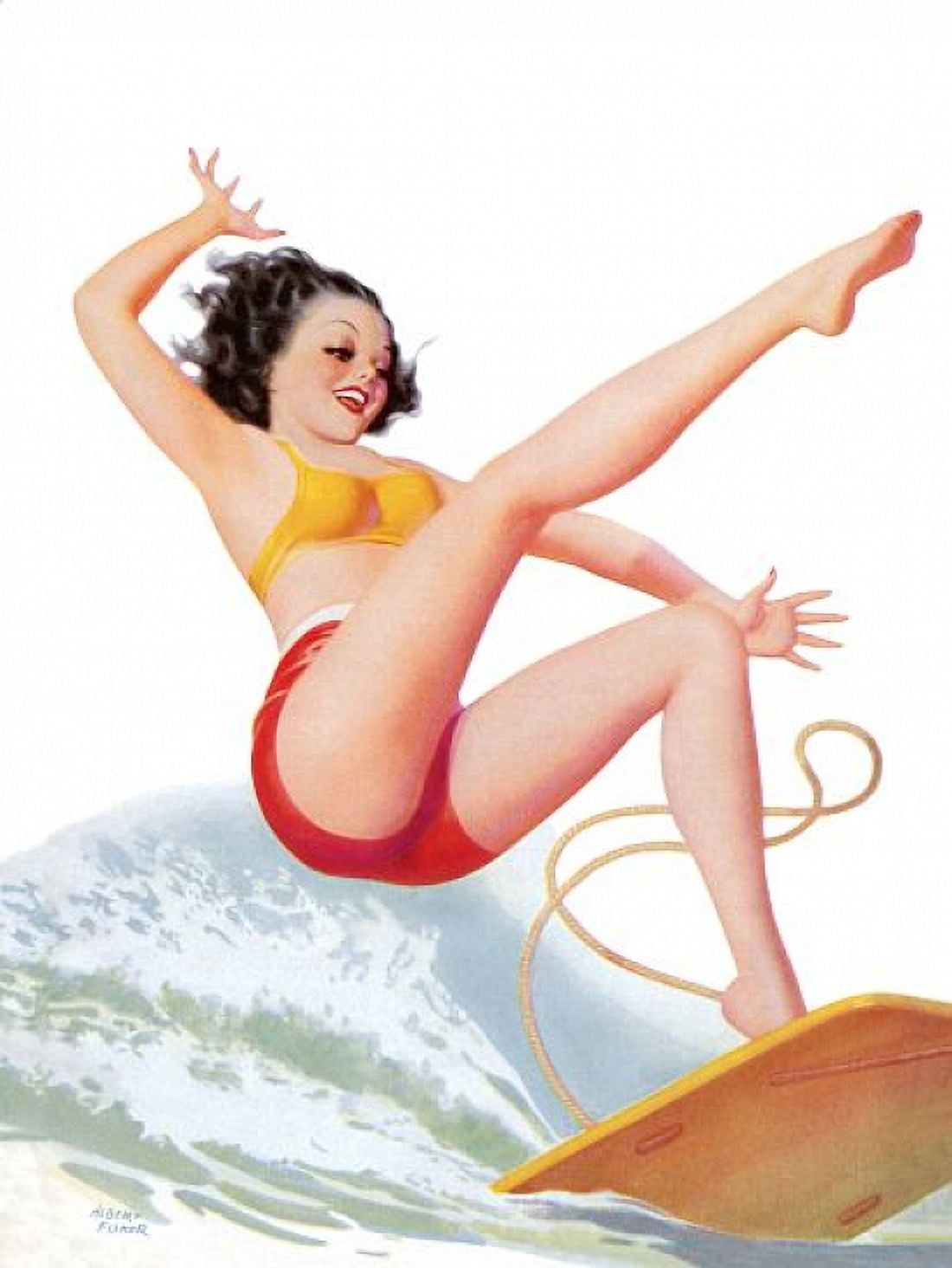 Pin Up Art Brunette Falling Off A Surf Board Canvas Art -  (24 x 36)