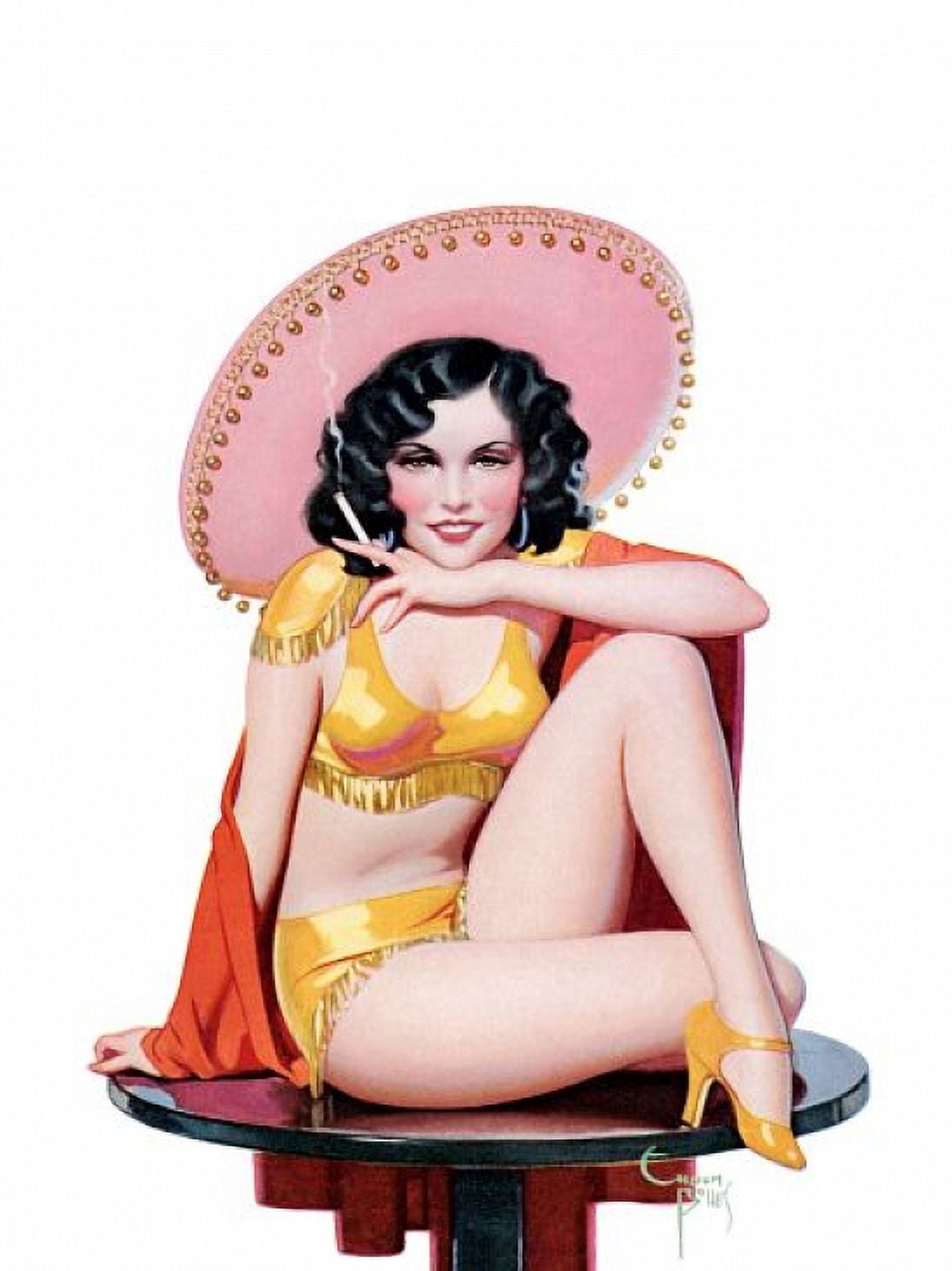 Pin Up Art Brunette In A Sombrero And A Canvas Art -  (36 x 54)