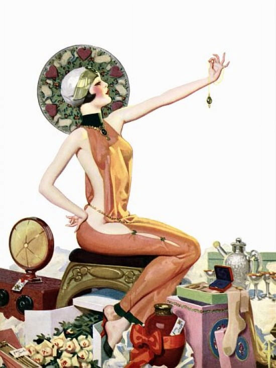 Pin Up Art Brunette Looking At Jewelry Canvas Art - (18 x 24)