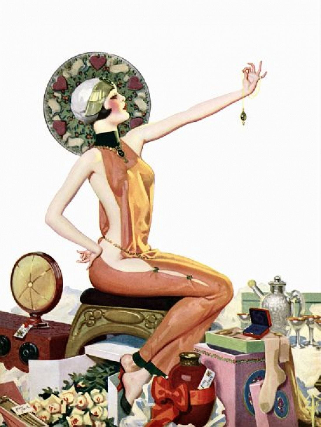 Pin Up Art Brunette Looking At Jewelry Canvas Art - (36 x 54)