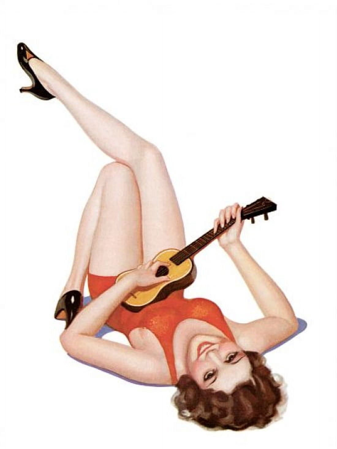 Pin Up Art Brunette With A Guitar Canvas Art - (24 x 36)