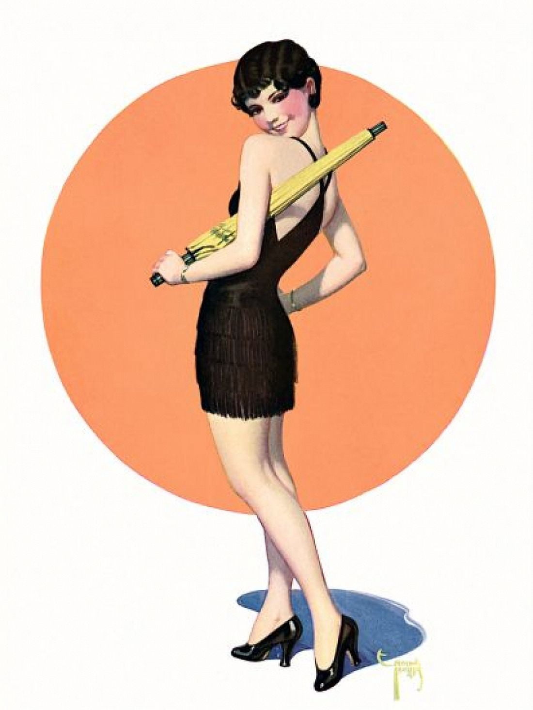 Pin Up Art Brunette With A Yellow Umbrella Canvas Art - (24 x 36)