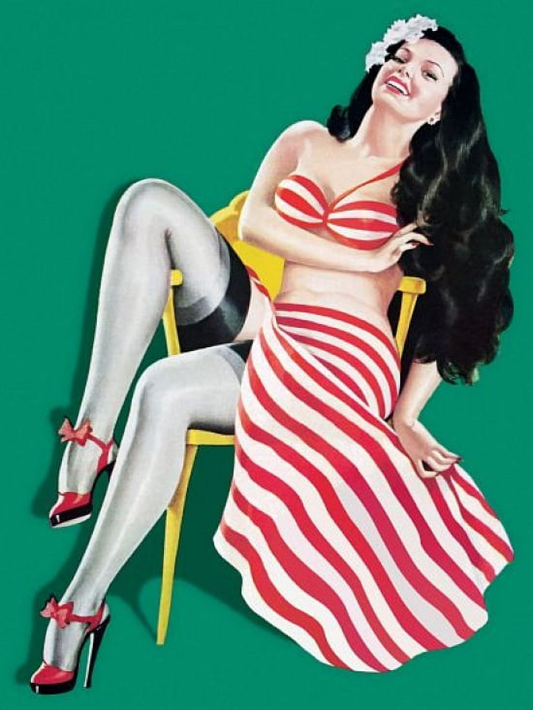 Pin Up Art Brunette With Red Striped Skirt Canvas Art - (24 x 36)
