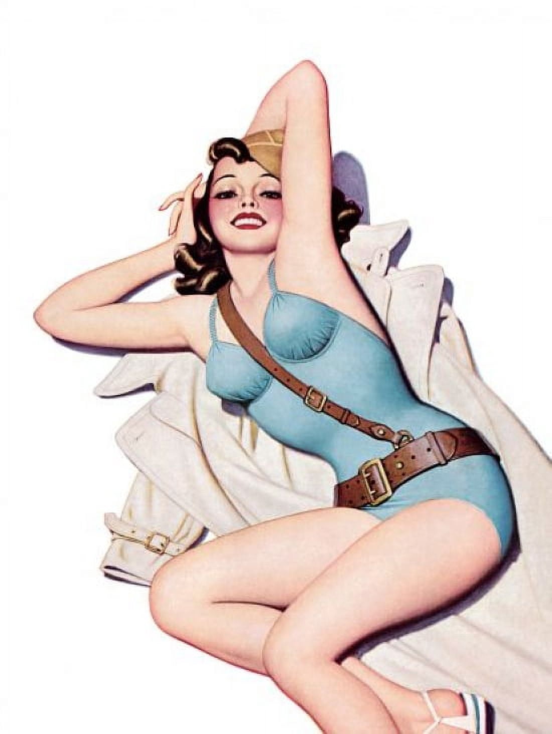 Pin Up Art Brunette With Trench Coat Canvas Art -  (36 x 54)